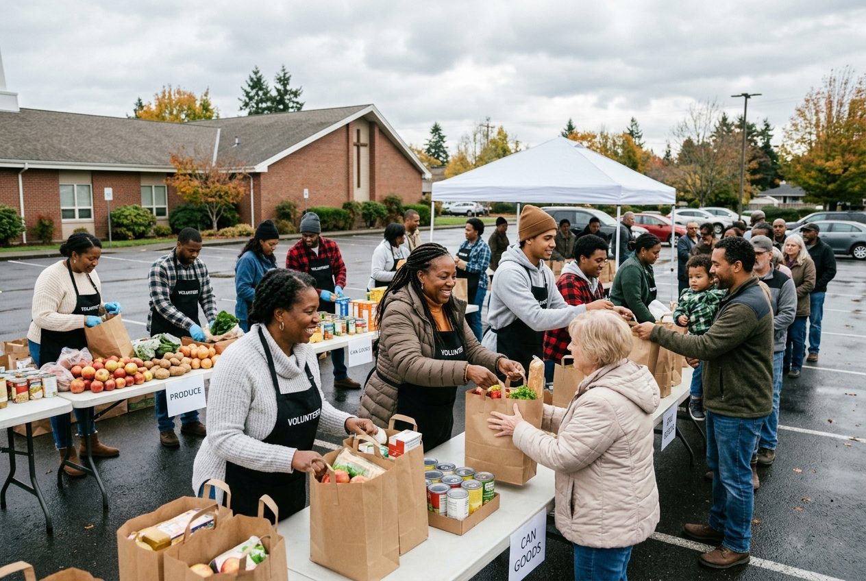 Volunteers serving families at a community outreach day
